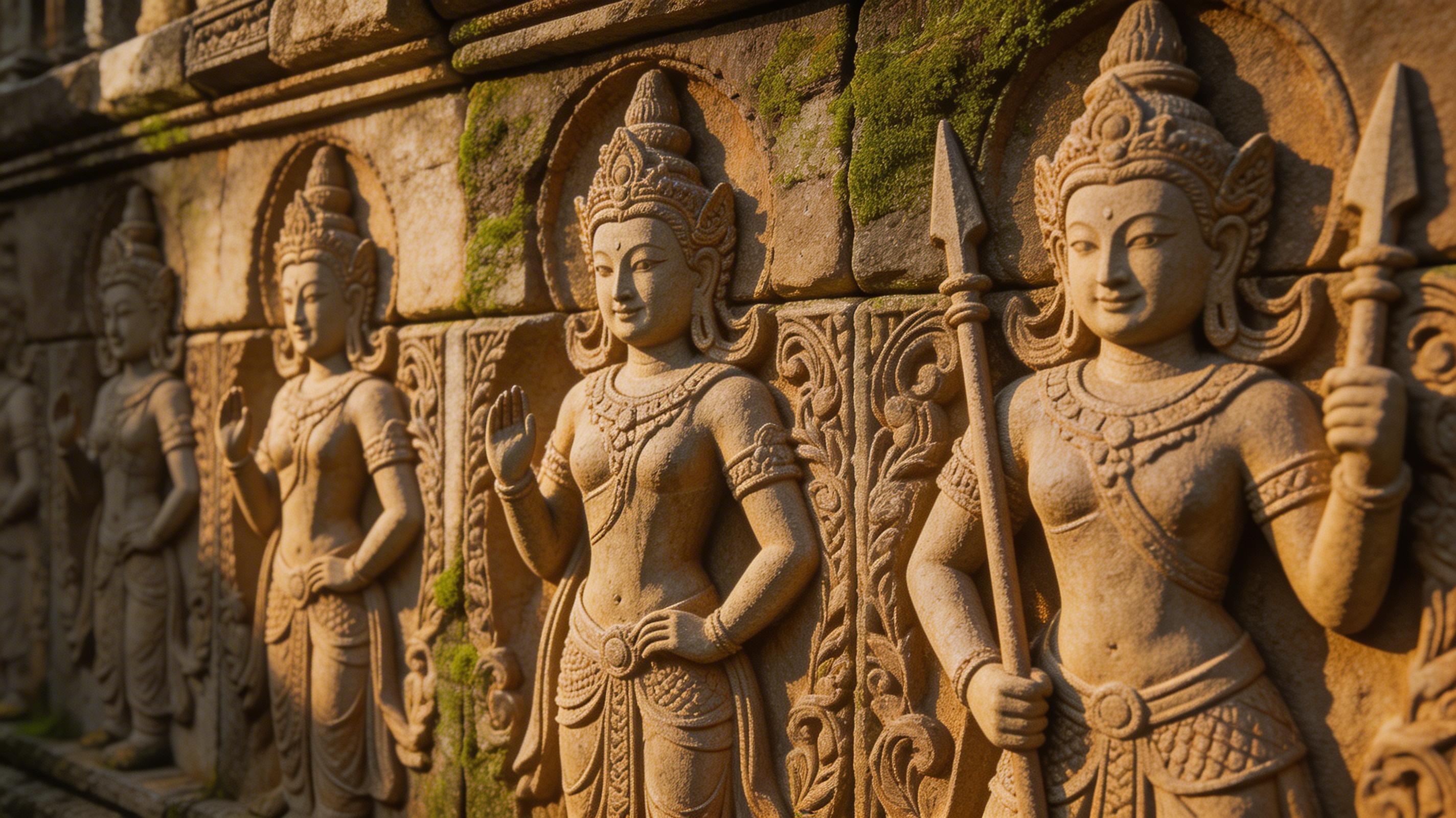 Intricate Khmer bas-relief stone carvings apsara dancers ancient temple wall Angkor