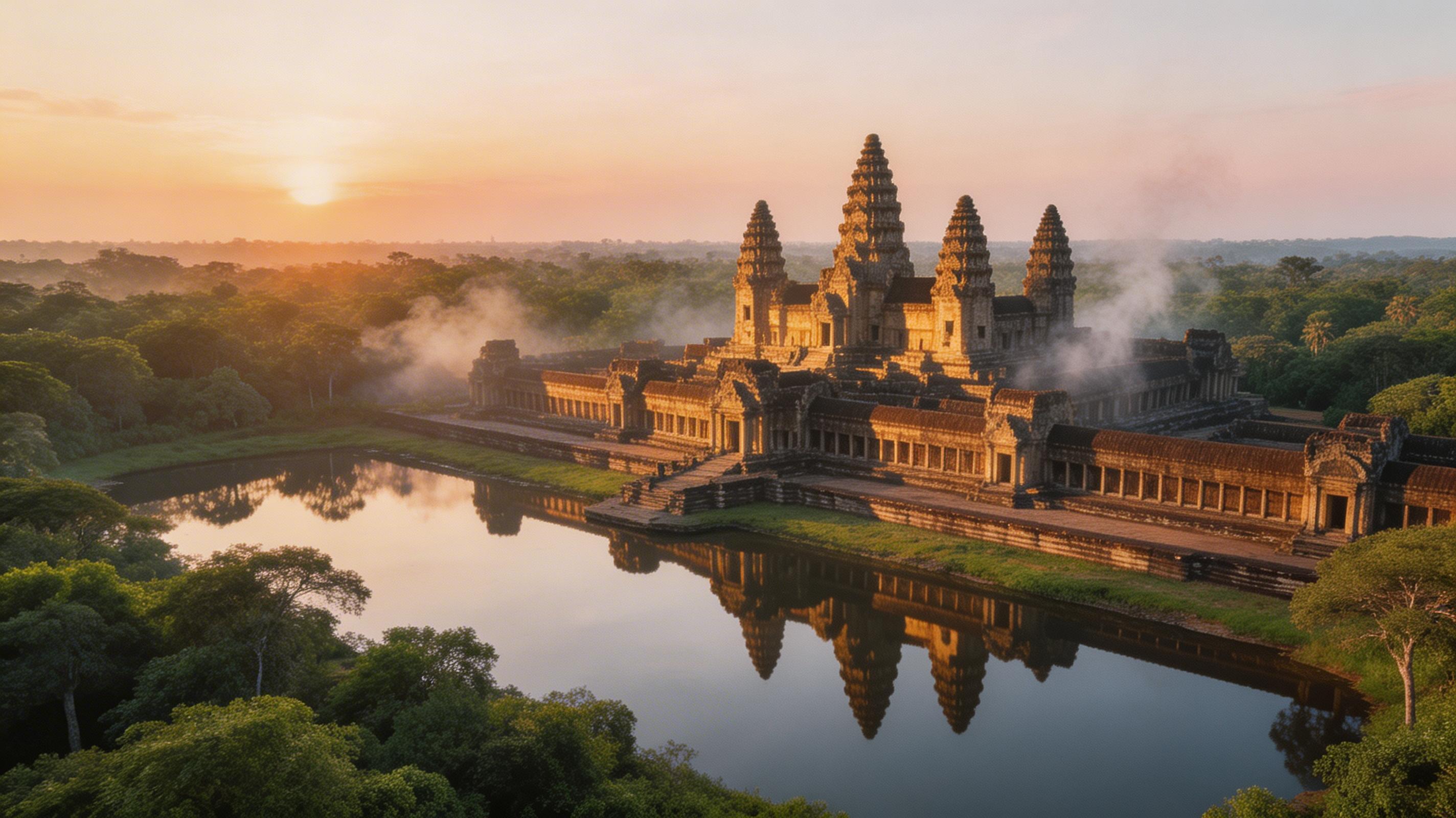 Angkor Wat temple complex at sunrise reflected in moat, Cambodia jungle heritage landscape