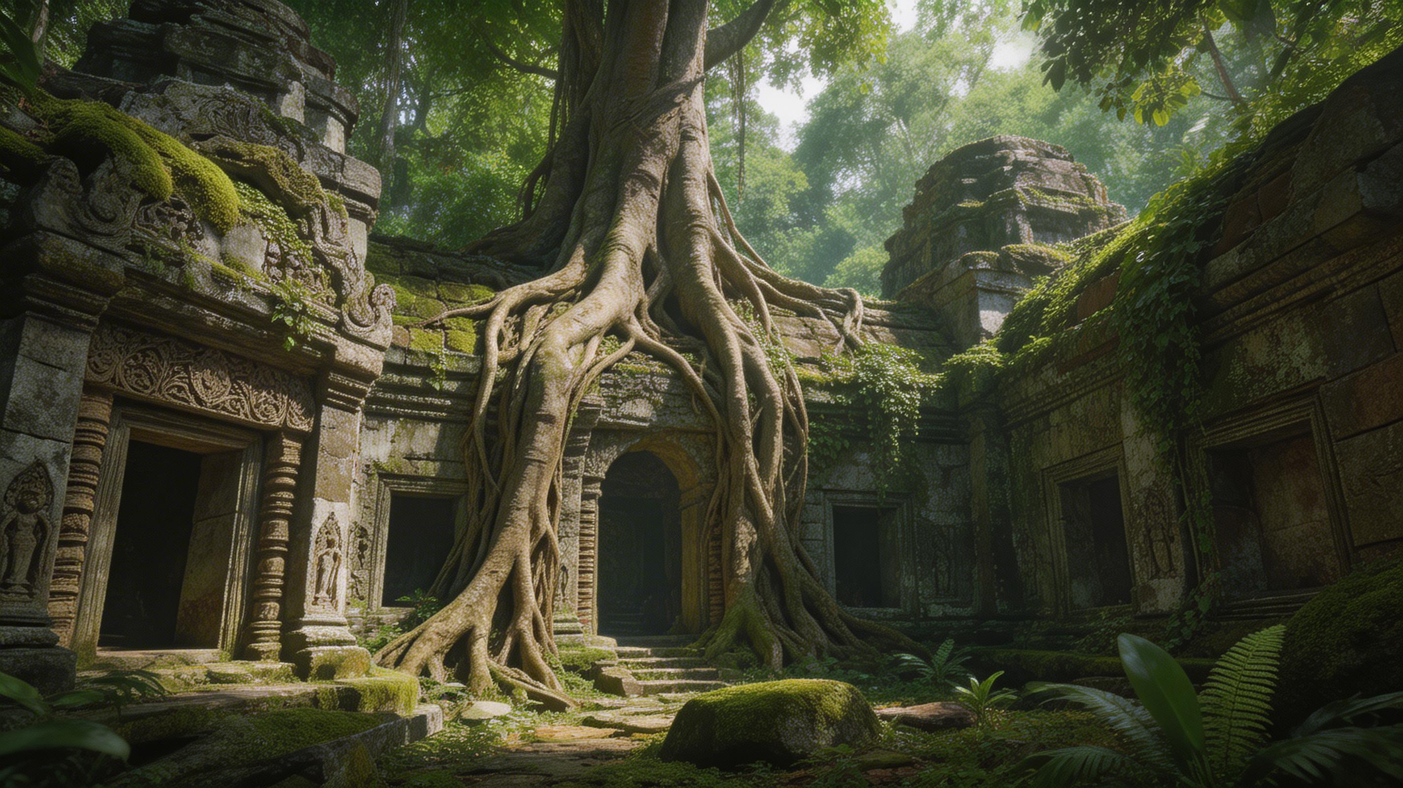 Ta Prohm jungle temple tree roots engulfing ancient Khmer ruins Cambodia