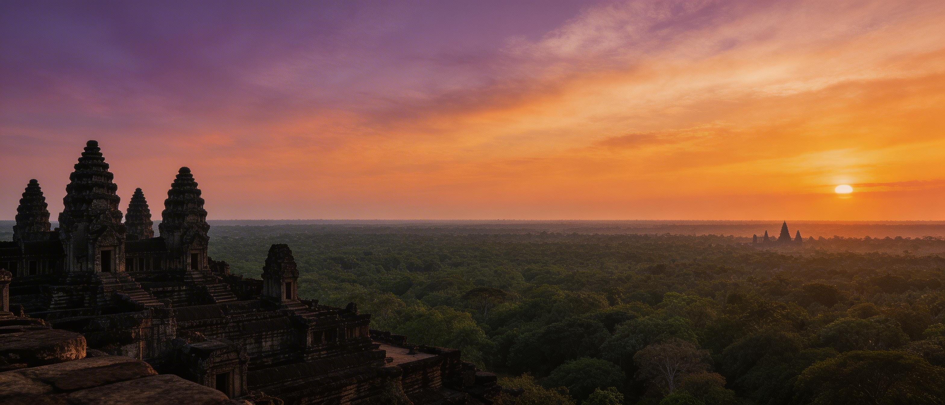 Angkor Wat sunset Phnom Bakheng hilltop temple panoramic view Cambodia
